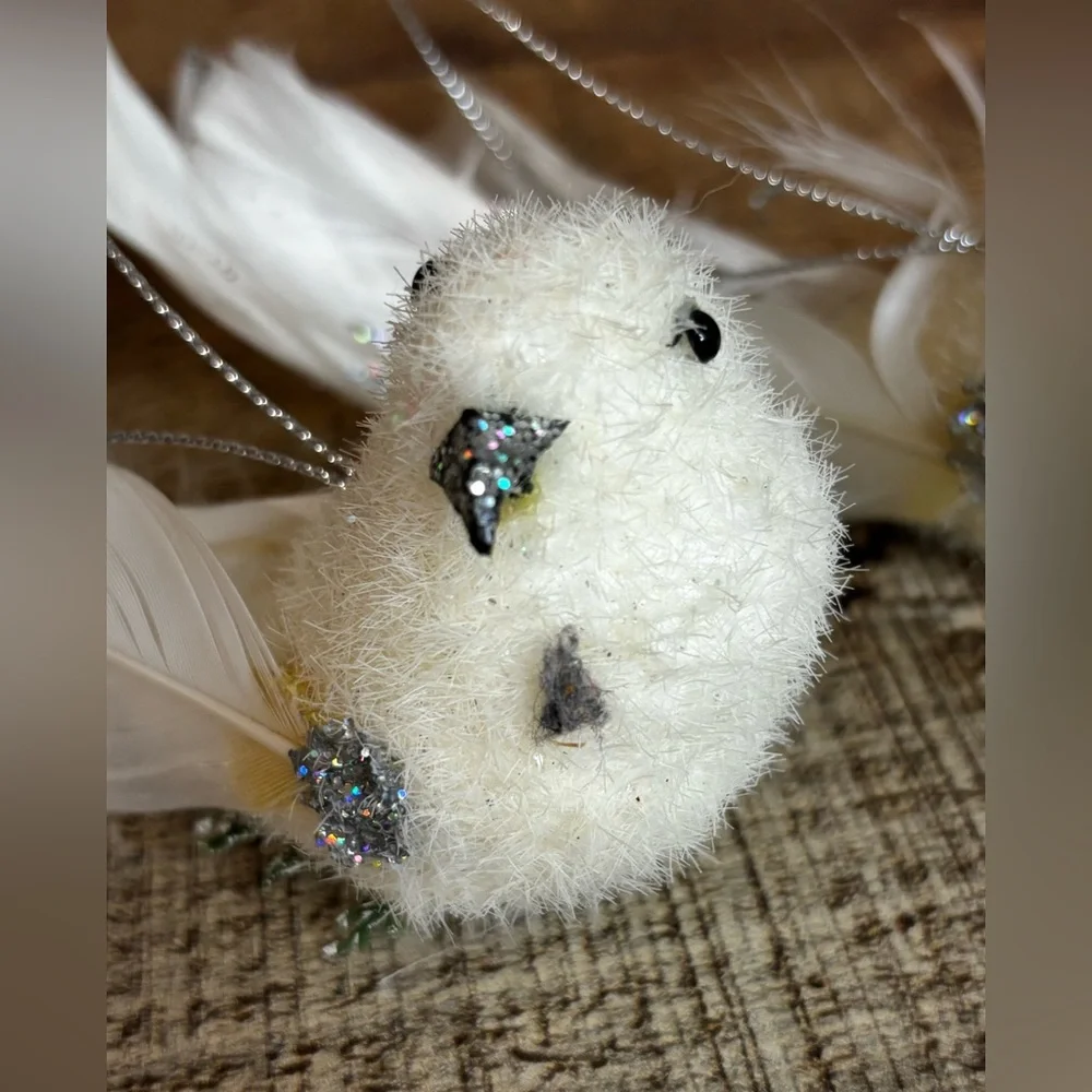 2 White Vintage Feathered Birds w/ Glitter Christmas Ornaments Hanging READ